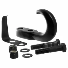 This CURT tow hook is constructed from steel with a black finish. It measures 5-1/2 inches in overall length and 3-1/8 inches in overall width. Designed for towing and vehicle recovery, it provides a secure attachment point for straps or chains.