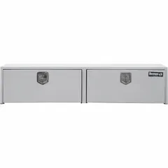 This steel topside box features double drop-down doors with a T-handle lid and a keyed lock for secure storage. The white finish resists corrosion. Suitable for mounting on truck beds to organize tools and equipment in fleet and vehicle maintenance applications.