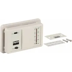 This cool-only analog thermostat operates on 20 to 30V AC with a slide switch for On-Off system control and Auto-On fan settings. It has a temperature control range of 50° to 90°F and a 2 to 3°F differential. Terminal designation is G. Suitable for controlling cooling equipment in HVAC systems.
