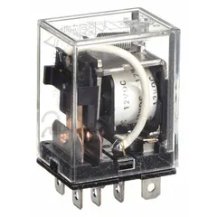 Socket-mounted relay with square base and flat pins. SPDT contact configuration rated 15 A at 12V DC. Operating current 7 A at 24V DC for inductive loads. Quick-connect terminals, 8 pins. Suitable for switching motors, solenoids, and lighting in control panels and automation systems.