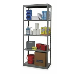 This HALLOWELL heavy-duty shelving unit features a steel frame and five steel shelves, providing open storage for tools, parts, boxes, and equipment. The bolted and clip-mount design allows full access from both sides. Unassembled, 48 in x 12 in, 84 in overall height, finished in gray.