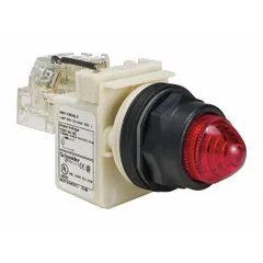 Red LED pilot light from the 9001SK Series, designed for 30 mm panel mounting. Includes push-to-test feature to verify lamp functionality. Used as a visual indicator on industrial control panels for machine status, alarms, or process conditions.
