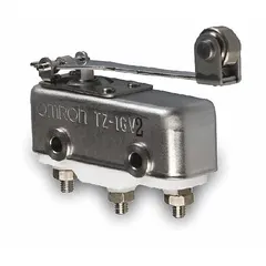 Snap-action switch with hinge lever actuator and roller, 1NO/1NC contact configuration. Screw electrical connection. AC contact rating 1 A at 240 V. Suitable for position sensing and limit control in industrial automation, packaging machinery, and conveyor systems.