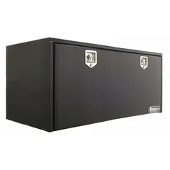 This single drop-down door box from BUYERS PRODUCTS is designed for underbody mounting on trucks. It features a gloss black finish and a keyed lock for secure storage. Suitable for organizing tools, equipment, or supplies during transport.