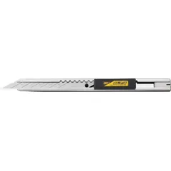 This 9mm snap-off knife features a plain, straight silver metal handle with 6 blade segments. The snap-off design allows users to break off dull segments for a fresh cutting edge. Suitable for precision cutting of paper, cardboard, vinyl, and thin plastics in arts, crafts, and light industrial applications.