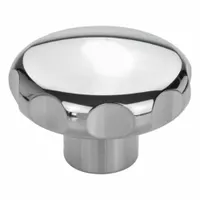 Stainless steel fluted star knob with M8 threaded hole and polished finish. Provides corrosion resistance for manual adjustment and clamping in industrial environments