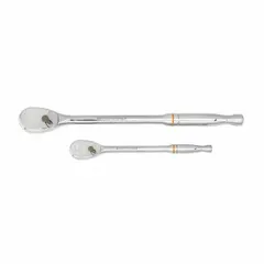 This standard-head ratchet set features a pear-head design and is reversible for tightening or loosening fasteners. With a 4° minimum arc swing and overall lengths from 6 to 11 inches, it provides access in confined spaces. The set is non-magnetic and does not include a quick-release mechanism.