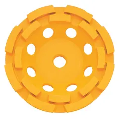 This 7-inch diameter double-row diamond segment cup grinding wheel features 16 segments for fast material removal on flat surfaces. It is used for heavy-duty surface preparation, concrete grinding, and masonry leveling. The 5/8"-11 arbor fits common angle grinders.