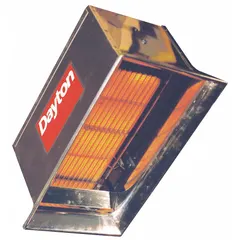 Propane-fired infrared flat panel heater for indoor suspended ceiling installation. Provides 30,000 BtuH heating capacity input with floor coverage of 10 ft x 10 ft at a minimum mounting height of 9 to 10 ft. Unit dimensions are 22-1/2 in H x 12-3/4 in W x 15-1/4 in D. Clearances to combustibles: 28 in top, 72 in below, 30 in sides. Suitable for spot heating in commercial or industrial spaces such as warehouses, workshops, and factories.