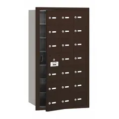Horizontal multi-unit mailbox with 20 lockable front doors. Recessed mounting design. Dimensions: 40 3/4 in H x 22 3/4 in W x 16 1/2 in D. Suitable for organized mail distribution in multi-tenant buildings.