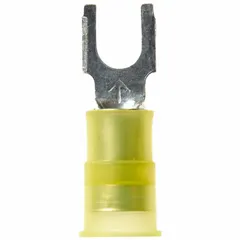 Nylon-insulated fork terminal with block fork design and insulation grip barrel. Rated 600 V, for #10 stud size and 12 AWG to 10 AWG wire. Used for secure electrical connections in control panels, machinery, and power distribution systems.