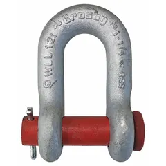 This CROSBY chain shackle is made from carbon steel with a silver finish. It has a body thickness of 1 1/4 in and a working load limit of 24,000 lb. Used in lifting, rigging, and load securement applications.