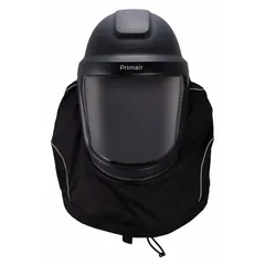 This universal-size hard hat headgear is designed for use with powered air-purifying respirator (PAPR) systems. It includes a coated visor and standard shroud, providing head protection and splash resistance in industrial environments. Suitable for applications requiring respiratory protection combined with impact protection.