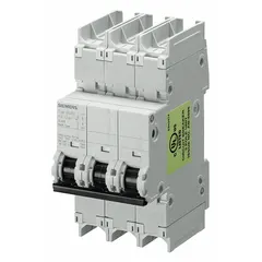This 3-pole miniature circuit breaker from Siemens is UL489 listed for DIN rail mounting. Rated 45 A, it provides overcurrent protection for branch circuits in industrial control panels and equipment. With a C-curve trip characteristic and 10 kA interrupting capacity, it is suitable for 240V AC or 60V DC systems. Screw clamp terminals facilitate secure wiring connections.