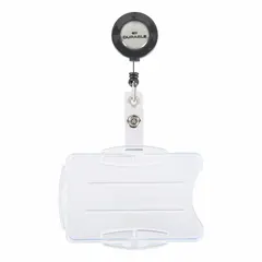Pack of 10 clear plastic badge pouches designed for use with retractable tethers. Pouches can be oriented horizontally or vertically to display ID badges, access cards, or name tags. Each pouch measures 3 3/4 inches wide by 2 13/16 inches high.