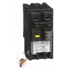 30 A, 2-pole, single-phase plug-in miniature circuit breaker rated 120/240V AC with 10kA interrupting capacity. For overcurrent protection in Homeline load centers. Suitable for branch circuit protection in residential and commercial electrical distribution systems.