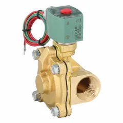 This 2-way, 2-position normally closed solenoid valve is designed for on/off control of fluid flow in industrial piping systems. It features a 1 in pipe size, 110V AC voltage, watertight coil enclosure, and FKM seal for moisture resistance and chemical compatibility.