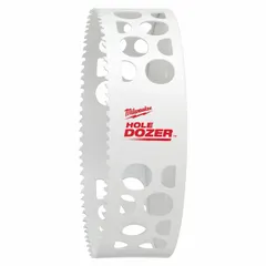 This 6-inch diameter hole saw is designed for cutting through wood, metal, and plastic. It features 3.5 teeth per inch and a maximum cutting depth of 1 5/8 inches. The 5/8"-18 thread size allows attachment to compatible arbors. Suitable for plumbing, electrical, and general construction applications requiring a 6-inch hole.