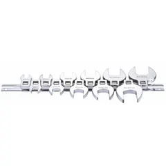 This 11-piece set of SAE open end crowfoot wrenches is constructed from alloy steel with a chrome finish. The 3/8 in drive size covers a range from 3/8 in to 1 in. Designed for accessing fasteners in confined spaces where standard sockets or wrenches cannot fit, such as hydraulic fittings and fuel lines.