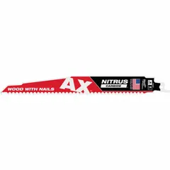 Carbide reciprocating saw blade for cutting nail-embedded wood. 9-inch length, 0.05-inch thickness. Rigid design with tapered geometry for straight cuts in demolition and renovation applications.