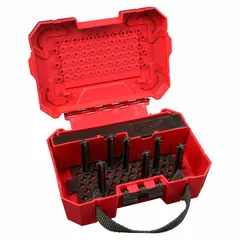 Storage case designed to organize and protect hole saws and arbors. Keeps cutting tools accessible for efficient changeovers in workshop or job site environments.