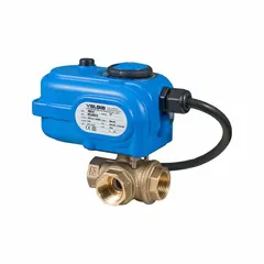 This T-port brass ball valve is electrically actuated for automated flow diversion or mixing in fluid systems. It features 1/4 inch FNPT connections on all three ports, operates on 100-240V AC, and includes an ISO 5211 actuator mounting pad and manual override for emergency operation.