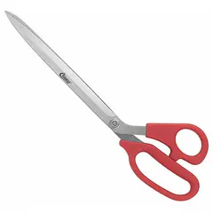 Straight stainless steel scissors with pointed tips and red plastic offset handles. Overall length 11 1/2 inches. Suitable for cutting textiles, crafts, and light materials.