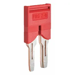 Red jumper bridge for use with TRP Push-in Terminal Blocks. Compatible with SCHNEIDER NSYTRV62 terminal block model. Used to create electrical connections between adjacent points in terminal block assemblies for control panels and distribution boards.