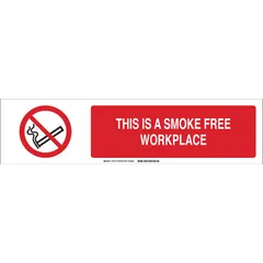 Aluminum sign slider insert with white background and black/red legend reading 'This Is A Smoke Free Workplace'. Non-retroreflective, nominal size 6 in x 23-7/8 in. Suitable for indoor or sheltered outdoor use to communicate smoking policy.