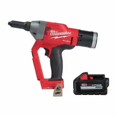 This cordless rivet tool kit includes the tool (MPN 2660-20) and one 6.0 Ah battery (MPN 48-11-1865). It has a 1 3/16 in stroke length and operates without a charger. Designed for portable riveting applications such as metal fabrication, HVAC ductwork, and assembly work.