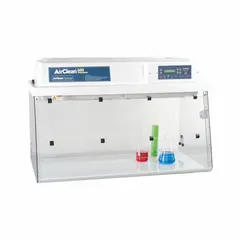 This instructional ductless fume hood is fully assembled and includes a blower, base/stand, and work surface. The clear exterior allows visibility of the work area. It is designed for educational and training environments where chemical handling requires operator protection without external ducting.