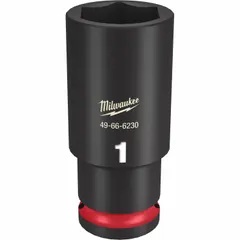 This 1/2" drive deep impact socket is designed for use with impact wrenches on 1" SAE hex fasteners. The 6-point configuration provides a secure grip on fastener heads, while the deep design allows access to recessed bolts. The black phosphate finish offers corrosion resistance. Suitable for automotive, construction, and industrial applications requiring high torque.