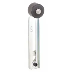 Adjustable roller lever accessory for limit switches, with a maximum arm/operator length of 4 inches. Features a rotary lever roller actuator with outside offset roller position. Compatible with TELEMECANIQUE SENSORS 9007C series limit switches. Used to detect the position of moving parts in industrial machinery, conveyors, and automated systems.