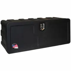 This single drop-down door box is designed for underbody mounting on service vehicles. It provides secure storage for tools and equipment with a keyed lock. The black finish and 18-inch depth suit various fleet and maintenance applications.