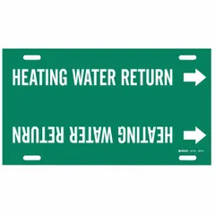 Green pipe marker with white legend text for identifying heating water return lines. Fits pipe outer diameters of 10 to 15 inches. Includes directional arrows. Suitable for labeling piping systems in industrial facilities.