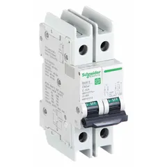 15 A, C-Curve, 2-pole miniature circuit breaker for overcurrent protection in AC power distribution systems. Rated 14kA at 120/240V AC, 240/277/480V AC. Screw clamp terminals. DIN rail mount. UL489 listed.
