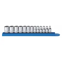 Metric socket set with deep sockets and drive tools, used for tightening and loosening fasteners in automotive repair, industrial maintenance, and mechanical assembly. Deep sockets provide access to recessed or extended nuts and bolts.