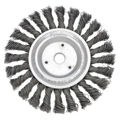Steel stringer bead brush for removing slag and spatter from carbon steel welds. Features a 5" diameter, 3/16" width, 5/8"-11 threaded arbor, and 0.02" fill. Suitable for weld cleaning in fabrication and metalworking applications.