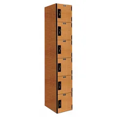 This 6-tier, 1-unit-wide solid plastic box locker features a light wood finish and a padlock hasp for user-supplied locks. Includes number plates for identification. Fully assembled, it is suited for secure personal storage in environments requiring moisture and corrosion resistance.