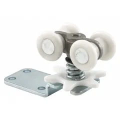 This hanging door roller from PRIME-LINE measures 3 3/4 inches in width and supports a maximum weight of 100 lb. It is designed for use in sliding door applications to guide and support door panels along a track. Suitable for residential or light commercial doors.