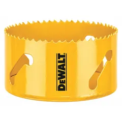 This 4-inch diameter hole saw is designed for cutting wood, metal, and plastic. It features a 4/5 teeth-per-inch configuration and a maximum cutting depth of 1 3/4 inches. The 5/8"-18 thread size fits standard arbors. Suitable for construction, electrical, and plumbing applications requiring clean holes in various materials.