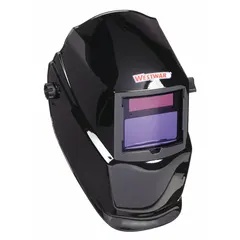 Black nylon auto-darkening welding helmet with a W9-13 shade range and 3.82 in x 1.85 in viewing area. Features 2 arc sensors, analog ADF controls, ratchet suspension adjustment, and grind mode. Suitable for MIG, TIG, and stick welding applications.