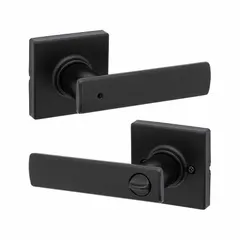 This KWIKSET privacy lever lockset is designed for interior doors requiring ADA-compliant operation, such as bathrooms or bedrooms. It features an ANSI F76 function that allows locking from the inside with a push-button or turn, while the outside remains unlocked for emergency access. The black painted zinc finish and rose style suit commercial or residential applications.