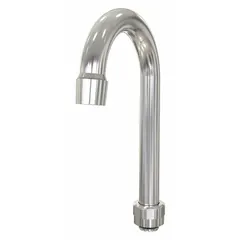 This brass gooseneck spout features a swivel design and chrome finish. It includes an aerator and has a 2 gpm flow rate with NPT connections. Suitable for lavatory faucets requiring a high-arc spout.