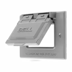 Zinc weatherproof cover for single-gang GFCI-series surge receptacles. Gray finish with horizontal mounting orientation. Provides protection for outdoor or damp location installations.