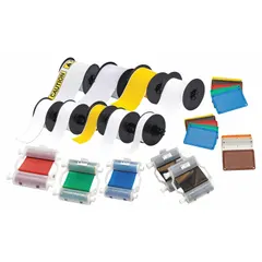 This kit includes a 2.2 in x 100 ft yellow continuous label roll, a blue ribbon cartridge, and a pack of valve tags. It is compatible with the BBP30 printer series and is used for creating visual workplace labels, pipe markers, and valve tags in industrial facilities to support lean manufacturing and 5S programs.
