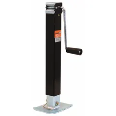 Sidewind trailer jack with a square base and weld-on mounting. Static load capacity of 7,000 lb and maximum lift height of 2 ft 2 in. Used for lifting and supporting trailers during coupling, uncoupling, or storage.