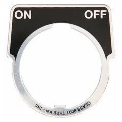 Half-round metallic aluminum legend plate with 30 mm panel mounting size, 1 3/4 in overall height and 1 5/8 in overall width. Features a black background, silver notch, and English 'On-Off' legend. Used to label push-button operators in industrial control panels.