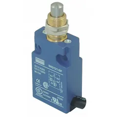 This top-mount limit switch features a plunger actuator for detecting position or presence of moving parts. It has a 20 mm mounting hole horizontal center-to-center distance and a 6 ft cable with 5-wire, 18 AWG electrical connection. Suitable for use in industrial automation, conveyor systems, and packaging equipment to control machine operation or signal end-of-travel.