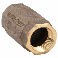 Inline poppet check valve with lead-free bronze body and 3/4 in NPT female threaded ends. Prevents backflow in water, oil, and gas piping systems, automatically closing upon flow reversal to protect downstream equipment.